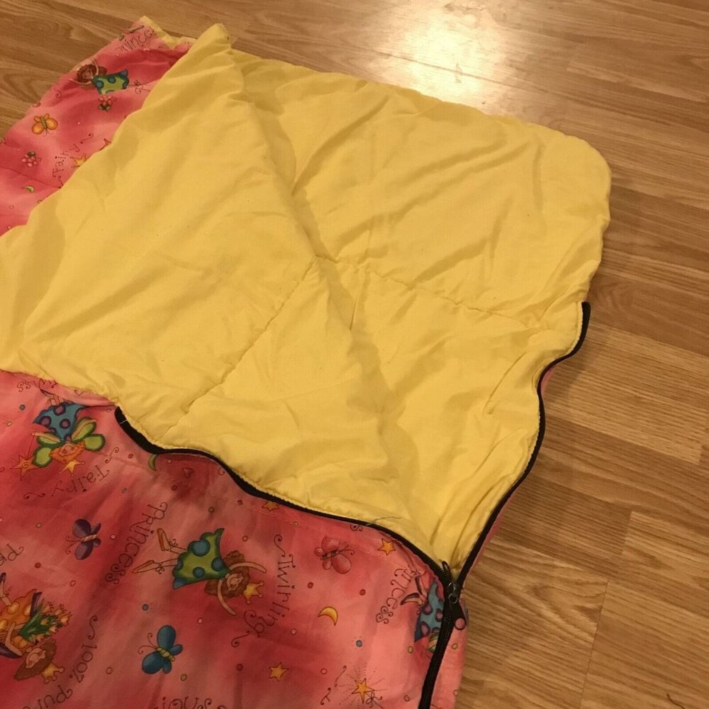 Vtg Bazoongi Sweet Princess Sleeping Bag  Pink & Yellow Print 52X27" Sleepovers - Picture 3 of 9